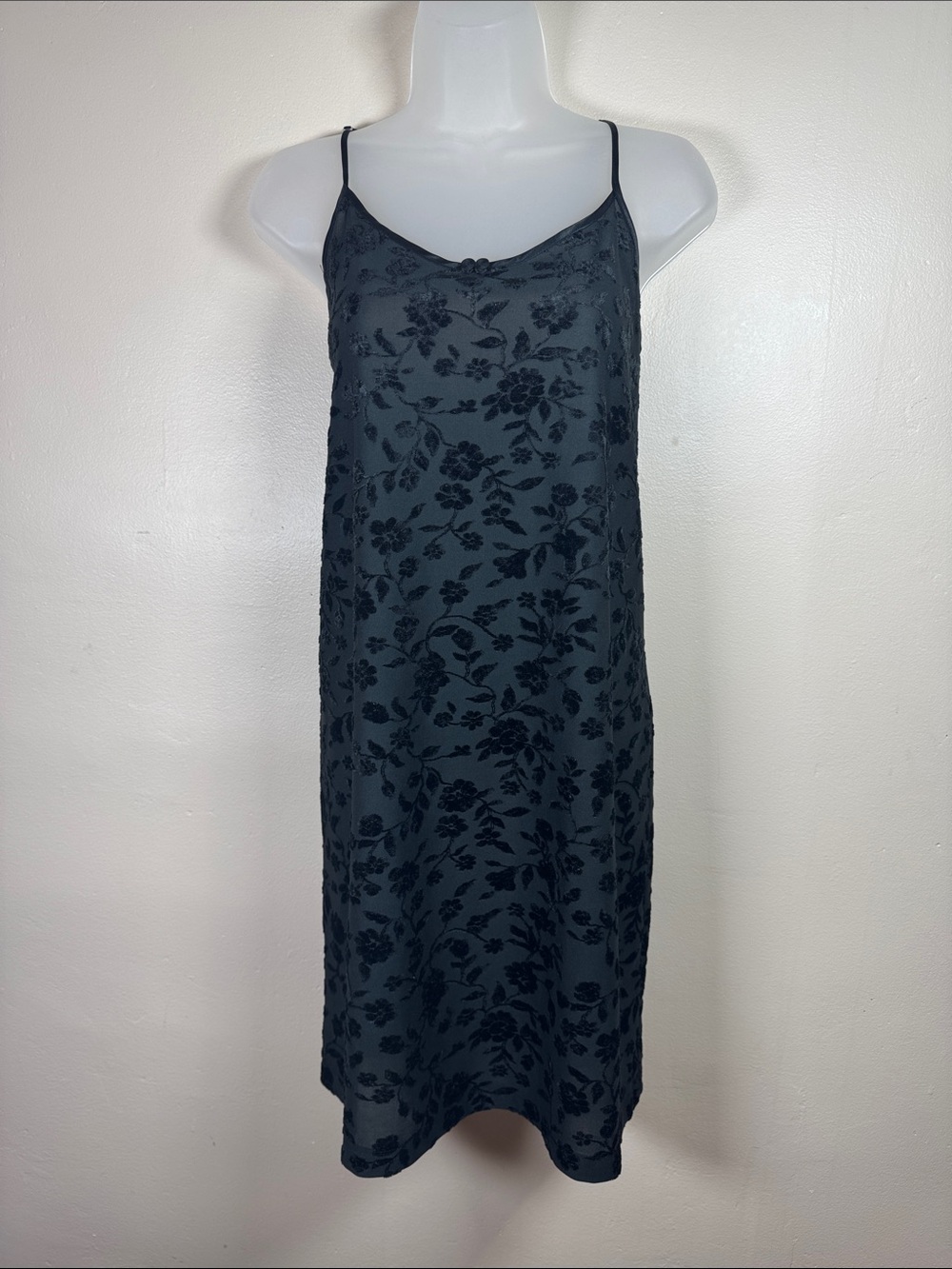 VTG Y2K Slip Dress Gilligan & O'Malley Black Floral Velvet Burnout Semi Sheer L